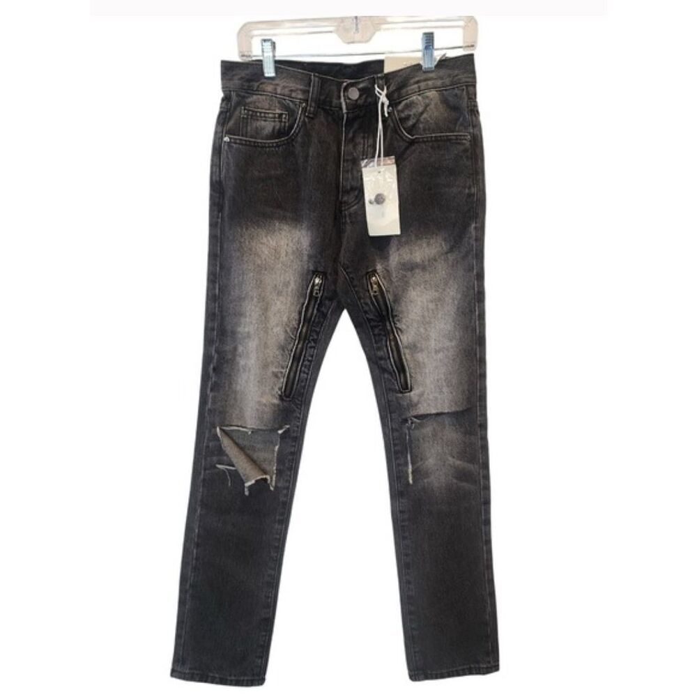 MNML D530 Zipper Straight Leg Jeans Washed Black Size 30 Distressed Denim